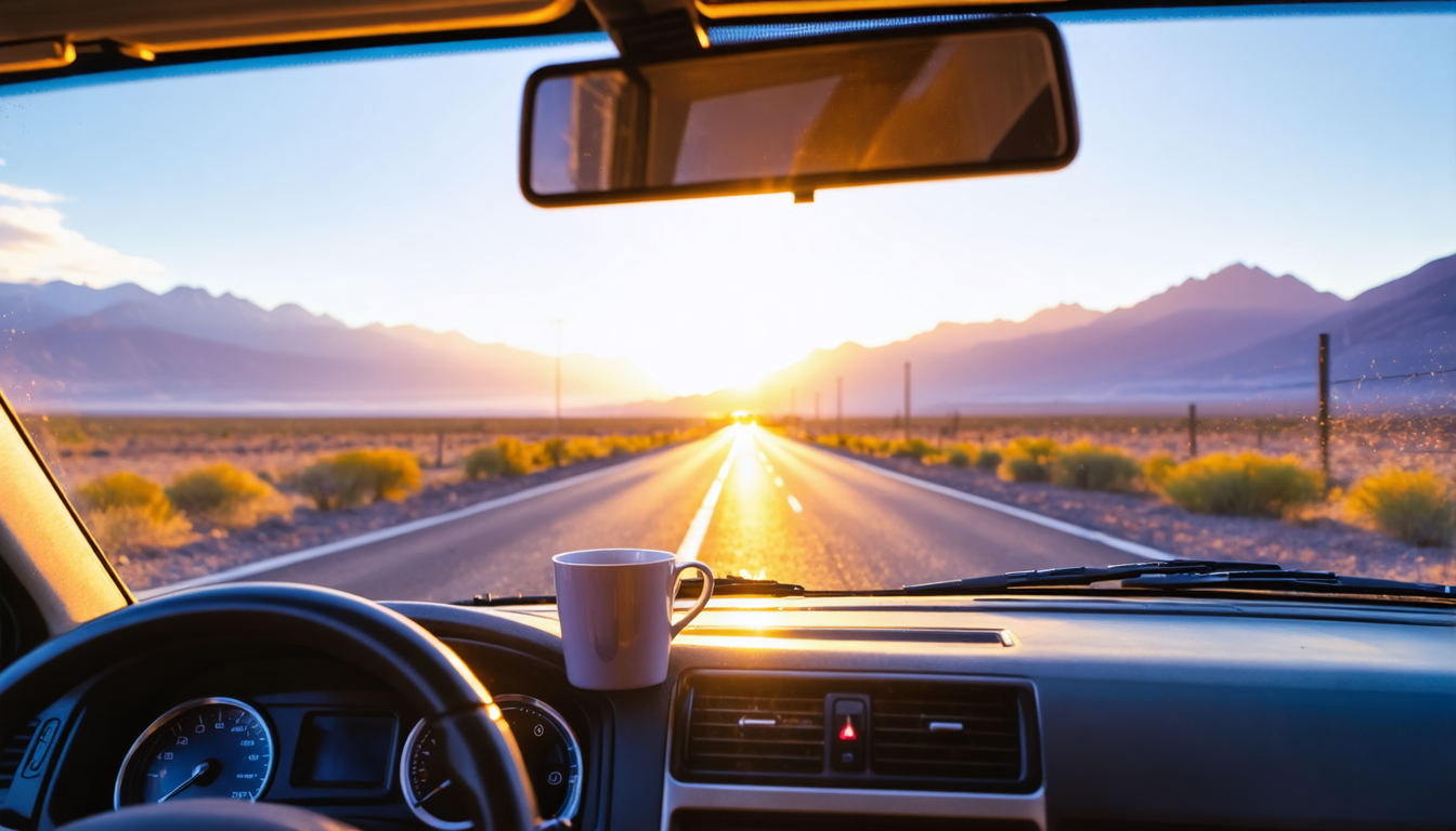 Dashboard view through a windshield looking out at an open road at sunrise, coffee cup on the dash