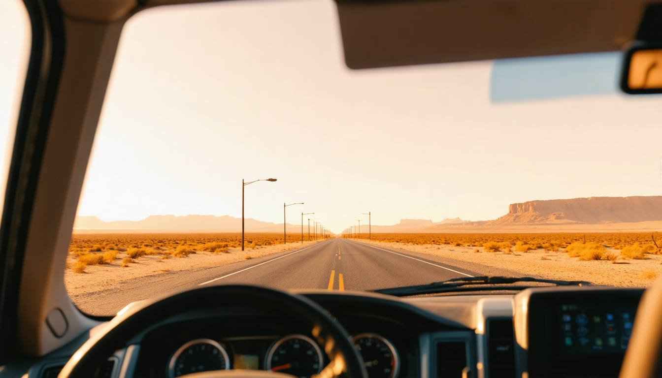 Dashboard view through a windshield of an open road at sunrise, golden light ahead