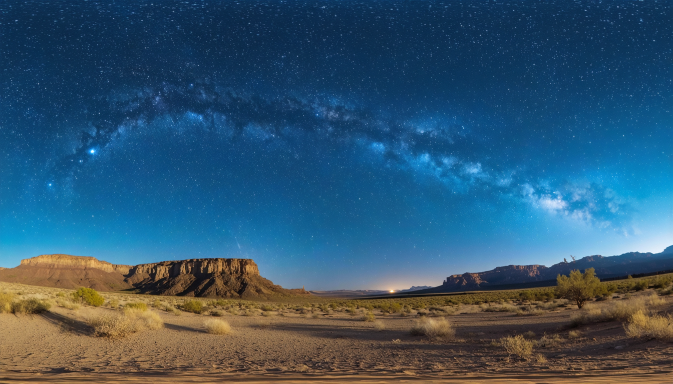 Wide-angle view of a star-filled sky over a national park, open landscape stretching to the horizon