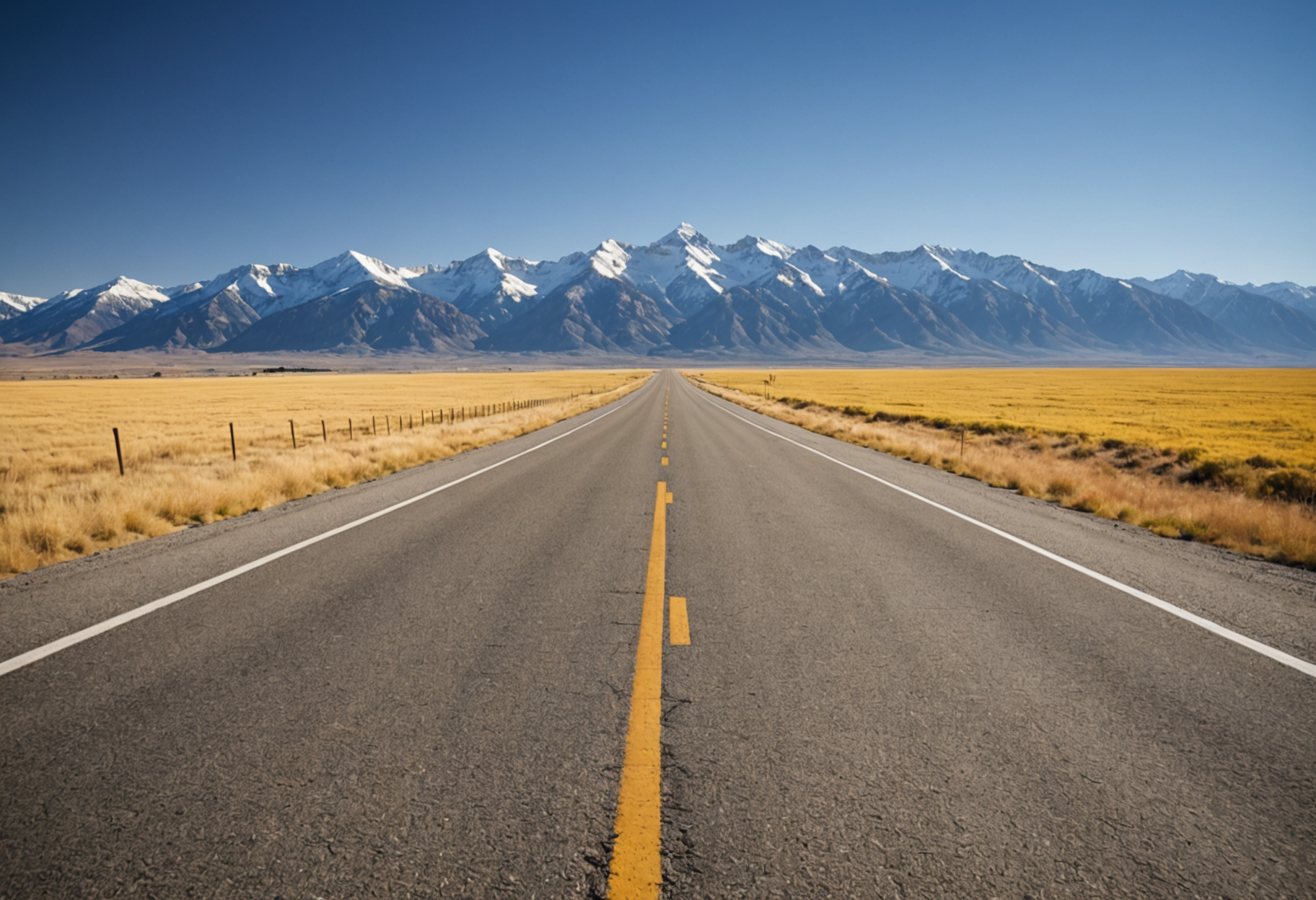 Open highway stretching toward distant mountains, wide sky above and painted road lines below