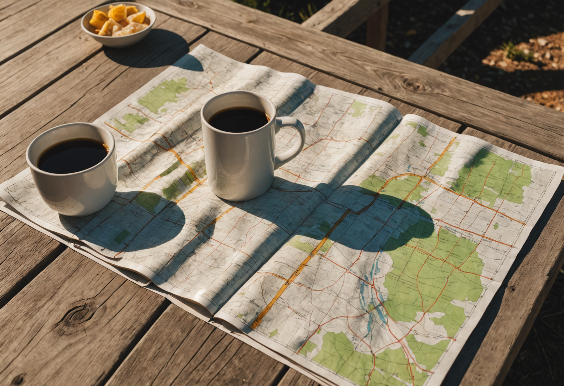 Worn paper road map spread on a wooden picnic table, coffee mug and pen beside it