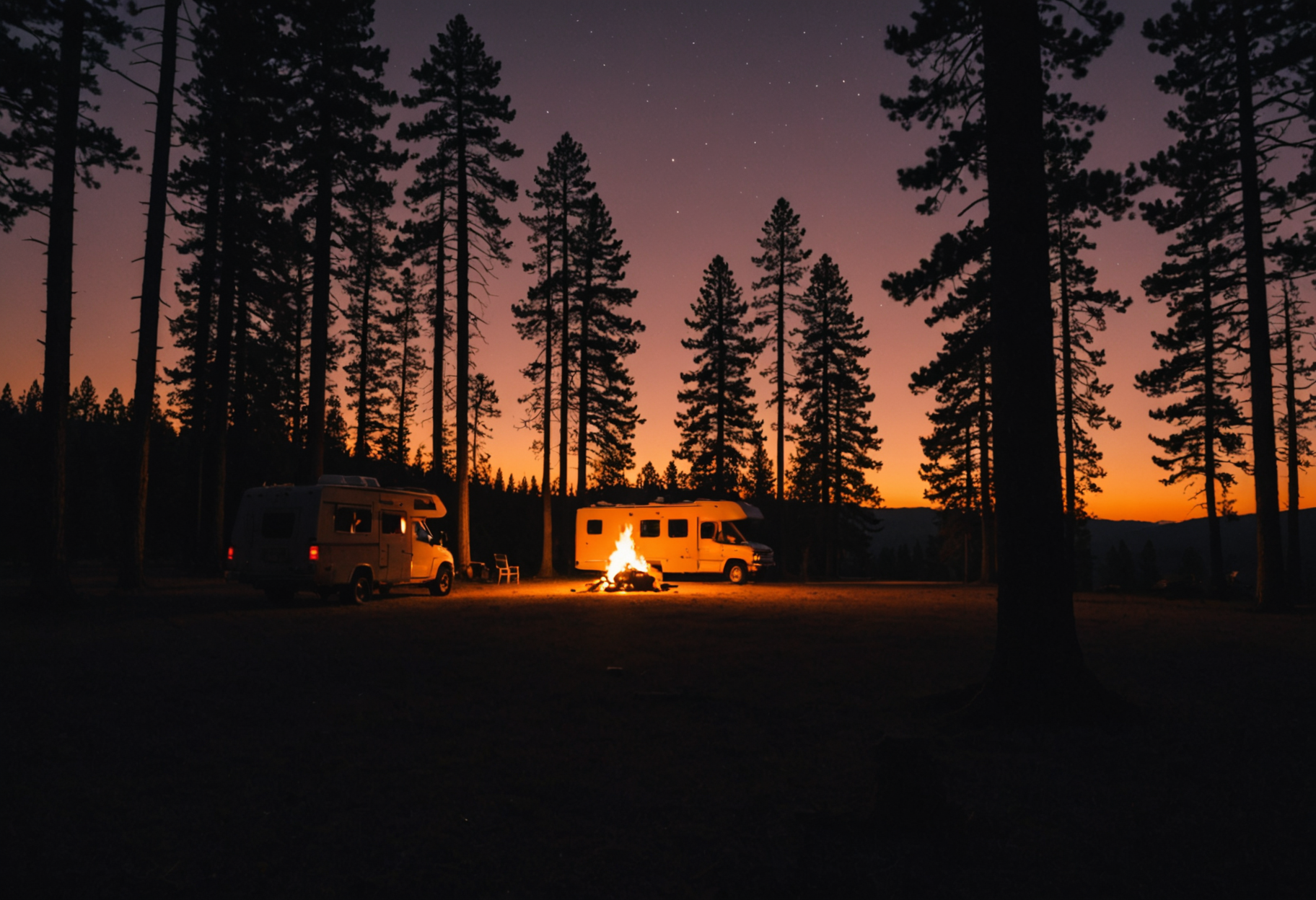 Campfire glowing against a deep twilight sky, silhouetted pine trees and an RV in the background