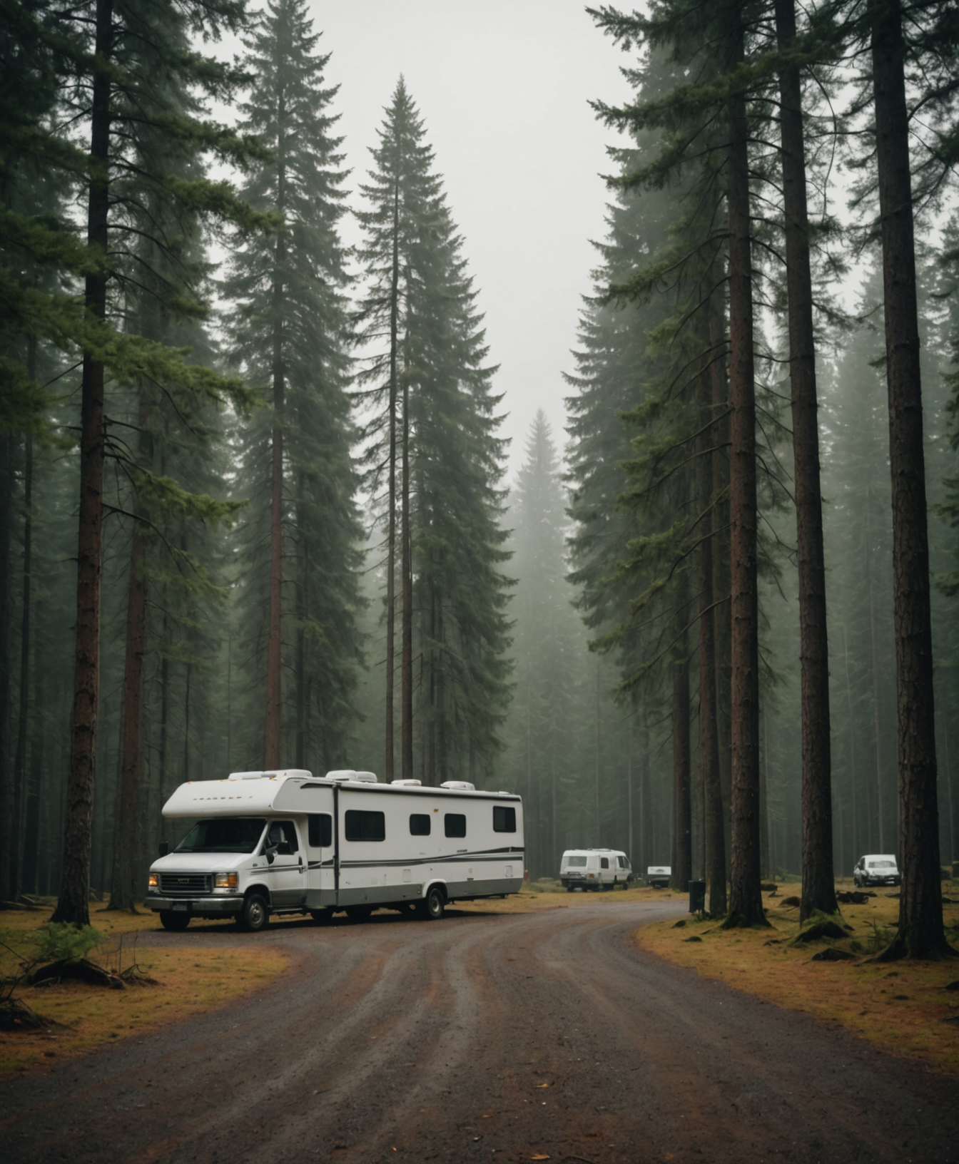 Rustic campground with pine trees and morning fog, a single RV parked in the clearing